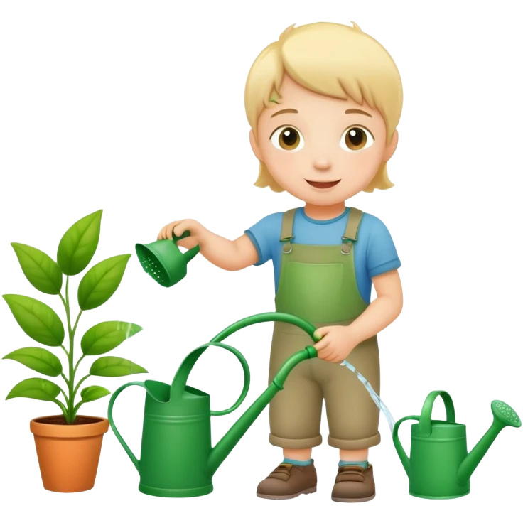 child watering plants with a watering can, cheerful and green emoji
