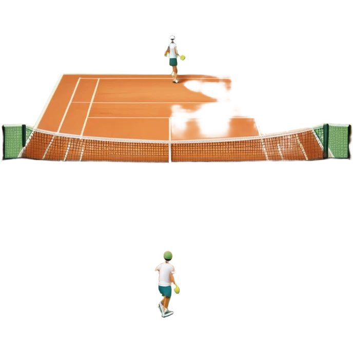A tennis court at the Roland Garros tournament, with the iconic clay surface and a tennis ball bouncing near the net. The scene evokes the energy and excitement of the grand event, with vibrant crowds in the stands and a competitive atmosphere. emoji