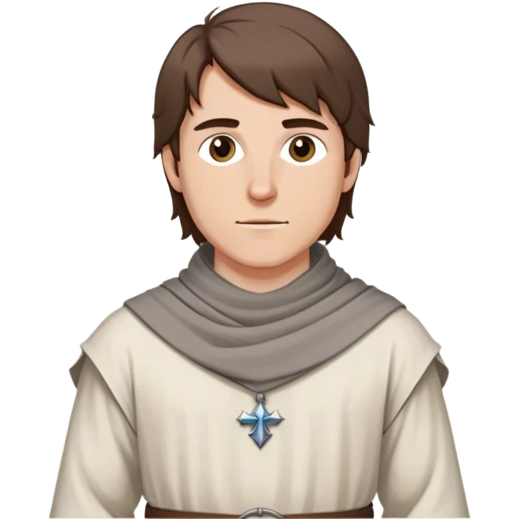 medieval outfit worn by a DnD themed fantasy character. basic cotton tunic with a thin belt and a scarf draped over the shoulders. clothes only above the waist. The clothes full waist. The character's haven't arms. character is straight brown hair gray eyes medium-length hair white man. emoji