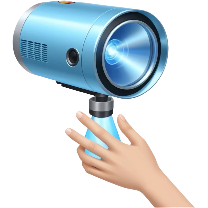 Flat emoji of a wrist-mounted hologram projector emitting a soft blue light cone, simple shapes, modern sci-fi style emoji