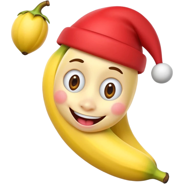 A 3D cartoon banana with a red nose and tiny hat, smiling face, playful pose, Memoji-style. emoji