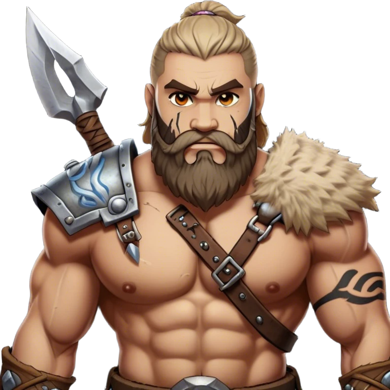 Clash of Clans aesthetic: Cinematic Rugged Barbarian Portrait Emoji, Intense and formidable with a heavily muscled physique, a rugged beard, piercing eyes and battle-worn armor adorned with tribal markings, his complexion a light tan that speaks of hard-fought battles, Simplified yet powerfully detailed features, highly detailed, glowing with a deep, primal energy, high shine, gritty and uncompromising, stylized with an air of raw, untamed power, focused and determined, soft glowing outline, capturing the essence of a barbarian warrior carved by countless battles and poised to lead his clan into epic conflict! emoji
