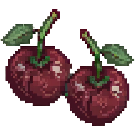 Pixel art of two dark maroon cherries with green stem, deep red color emoji