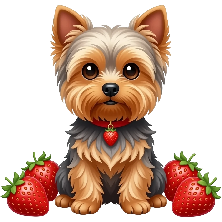 Yorkie dog sitting with strawberries emoji