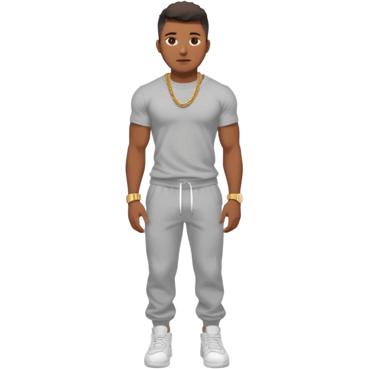 Handsome Black guy with brown skin tone, with muscular build, wearing gray sweatpants, a white t-shirt, white Air Force Ones sneakers, a small gold rope chain, and a gold watch  emoji