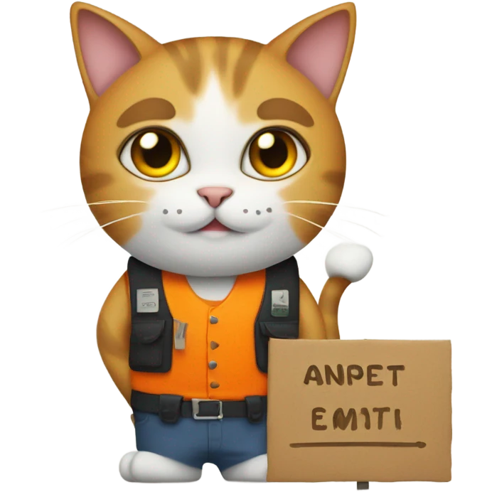 cat with a sign and an orange vest emoji