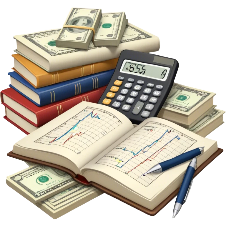 Icon for Business Reading: an open book with graphs, numbers, percentages, formulas, and text on the pages, next to a stack of books, a pile of dollars, a calculator, and a pen. The icon should represent the analytical and strategic nature of business literature. Transparent background. emoji
