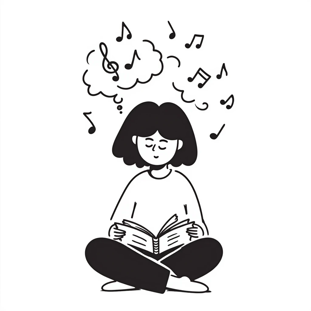 Girl sitting cross-legged reading notes in a spiral notebook emoji