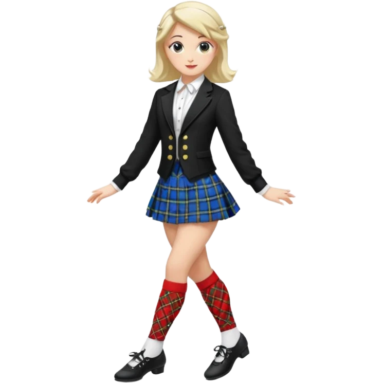 Highland dancing argyle just over the knee socks, blouse, highland dancing jacket, tartan miniskirt and highland dancing shoes emoji