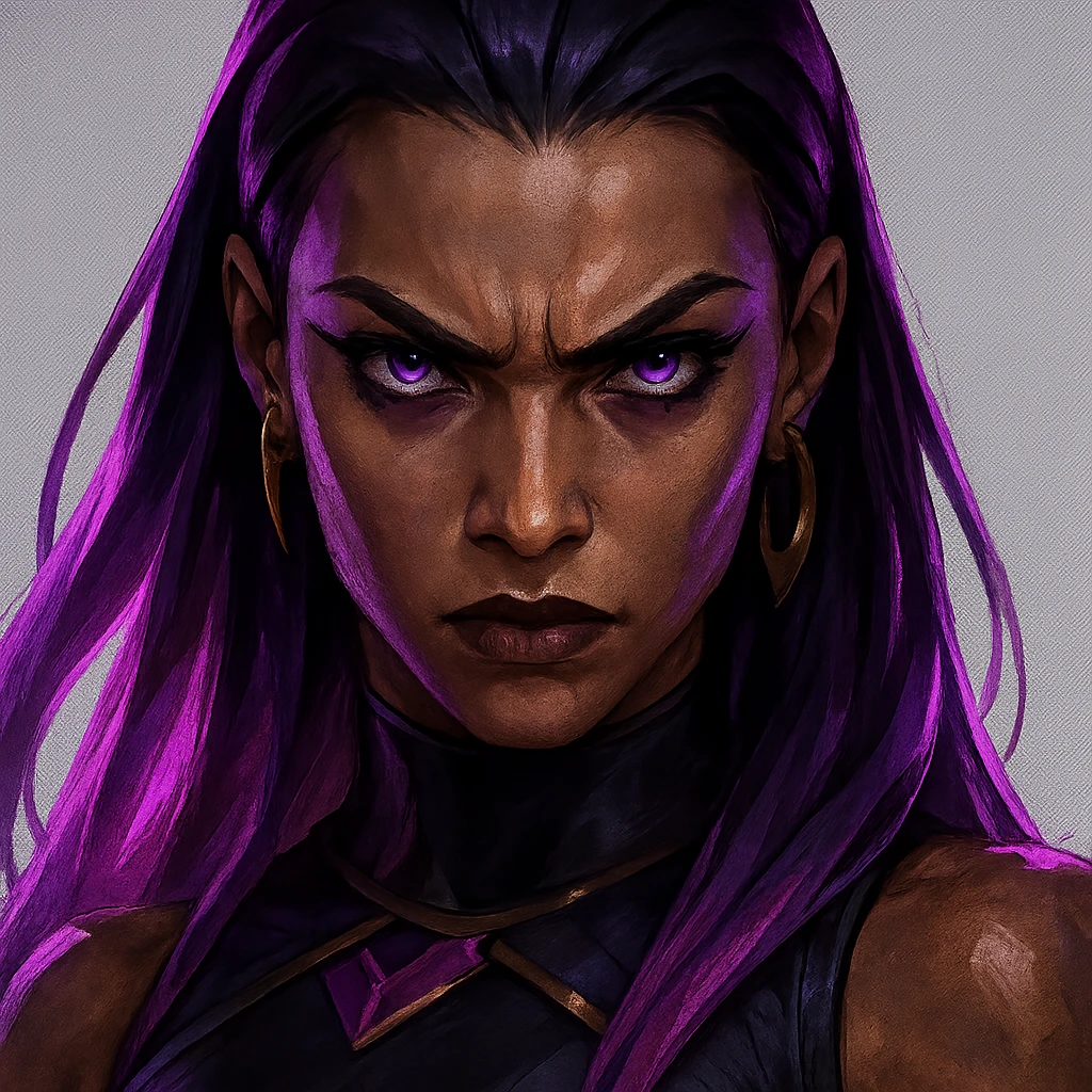 Reyna from Valorant, close-up, intense expression, purple highlights, dramatic lighting, detailed face emoji