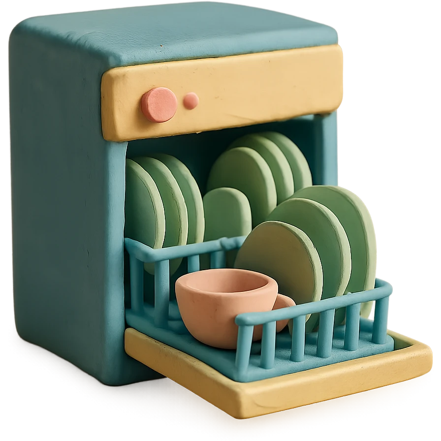 claymation style dishwasher with open door and clean dishes inside, pastel colors, visible fingerprints, soft matte finish emoji