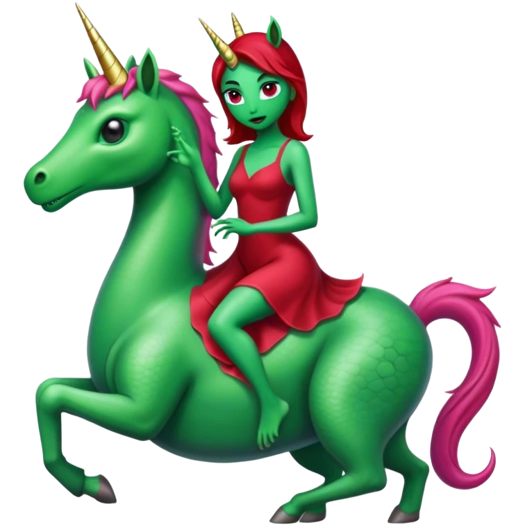"reptilian green alien woman" in "dark red dress", rides, "unicorn white"
 emoji