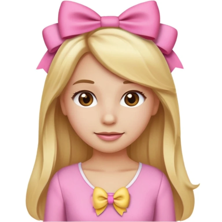 Create a custom emoji of a coquette-style girl with long blonde hair, brown eyes, fair skin, wearing a pink outfit with a cute bow in her hair. emoji