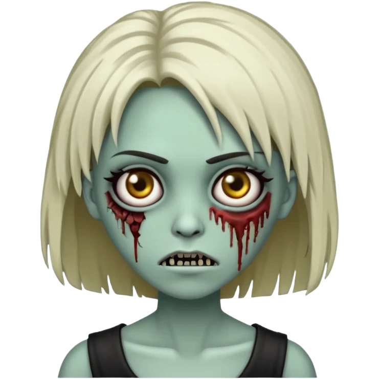 Faz uma zombie feminina com a pele clara igual de zombie, mas não tão clara, deixa ela com a clavícula marcada, cabelo comprido preto e com franja, sombracelha FINA e faz um risquinho na sombracelha do lado esquerdo. Não se esquece de colocar uns machucados no rosto dela emoji