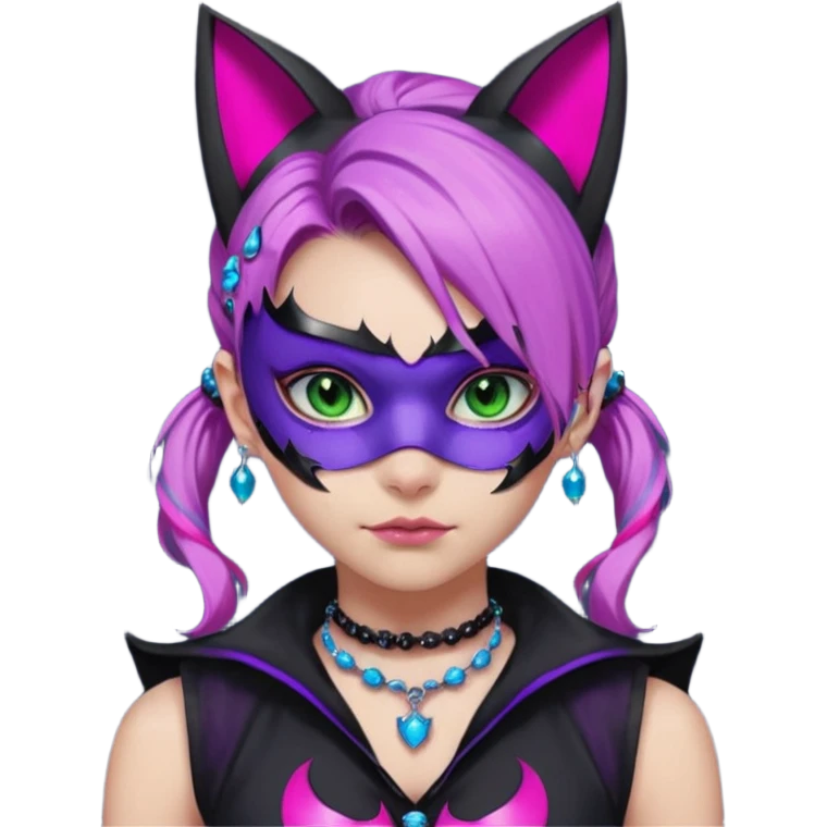 Girl with green eyes, wearing a bat mask with pink stones around her eyes, her hair tied in a ponytail, the hair is purple with blue and pink streaks, with black cat ears with pink stones around, wearing a black shirt that covers the neck, and a sleeveless blue jacket, and a necklace of pink stones emoji