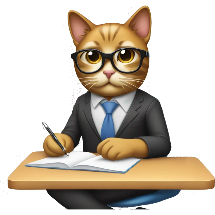 Design an emoji featuring a cute cat with stylish computer glasses, diligently taking notes on a notepad in front of a modern computer, all while comfortably seated on a sleek office chair. emoji