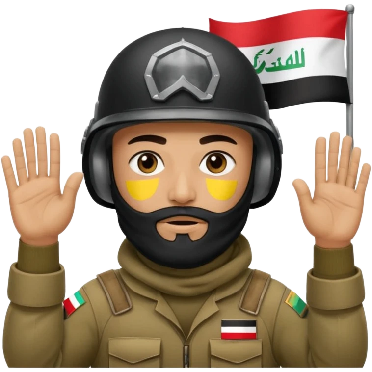 surrenders, depicts an Iraqi soldier from 1980, with a beard, in a helmet, a helmet with sign flag Iraq, with a balaclava, with sad eyes and both hands raised up emoji