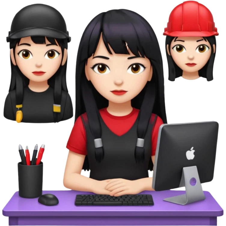 lilac girl with long hair and bangs worker and acessories with a pc worten the clothes black like an alternative bue the shirt in red with worten on the right side very small emoji