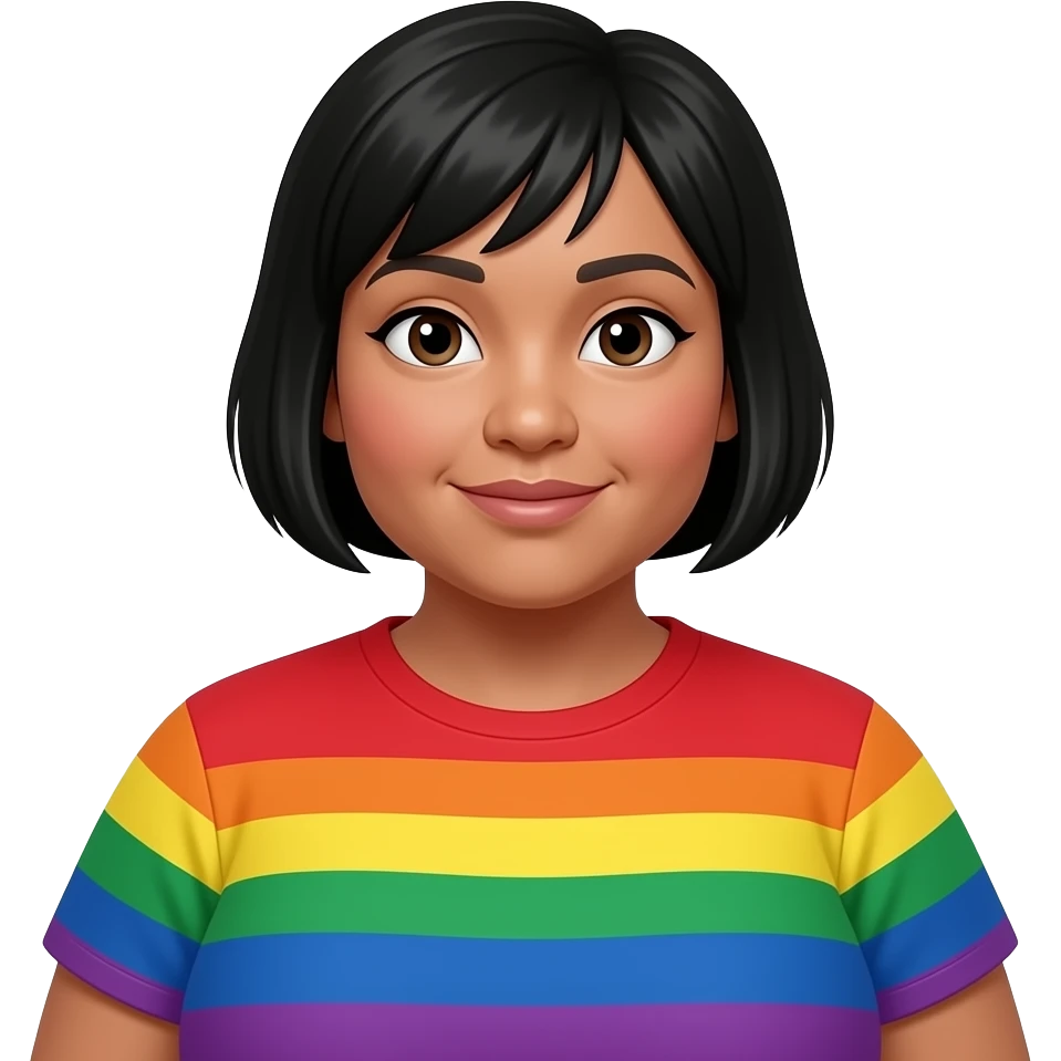 fat woman very pale with massive forehead and short black face half asin and half south african and her face it flat shes wearing a rainbow t shirt emoji