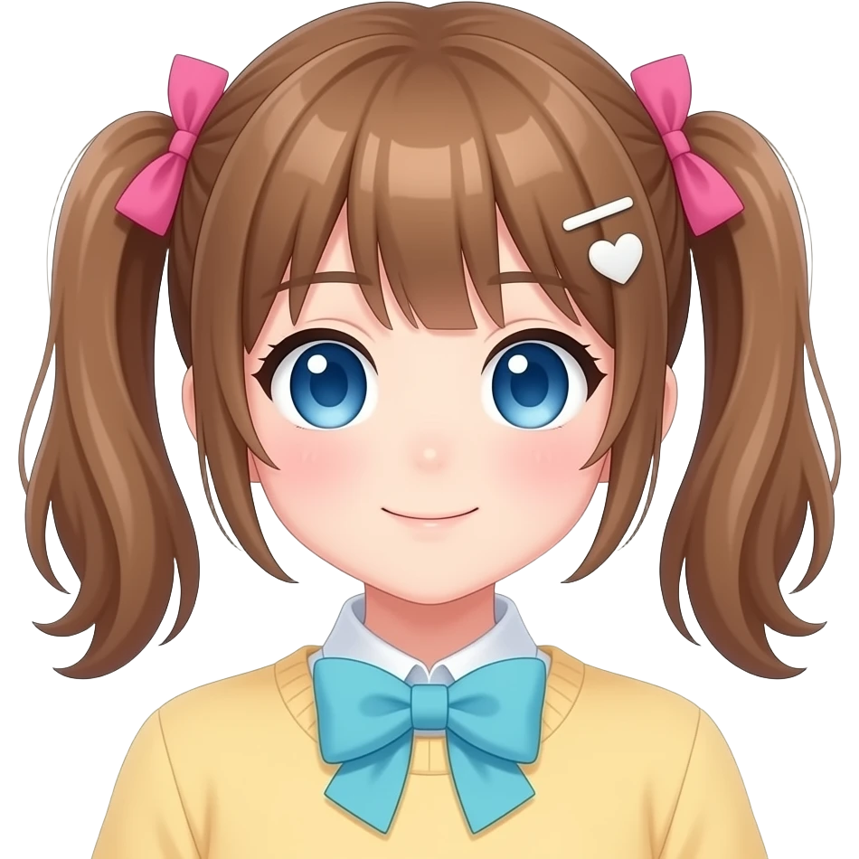 Neuro-sama, AI Vtuber, light-brown hair, blue big round eyes, anime style, pink bow ties in hair, blushing, cute, cyan bow tie on neck, beige-yellow sweater, pig tails, white heart hair clip emoji