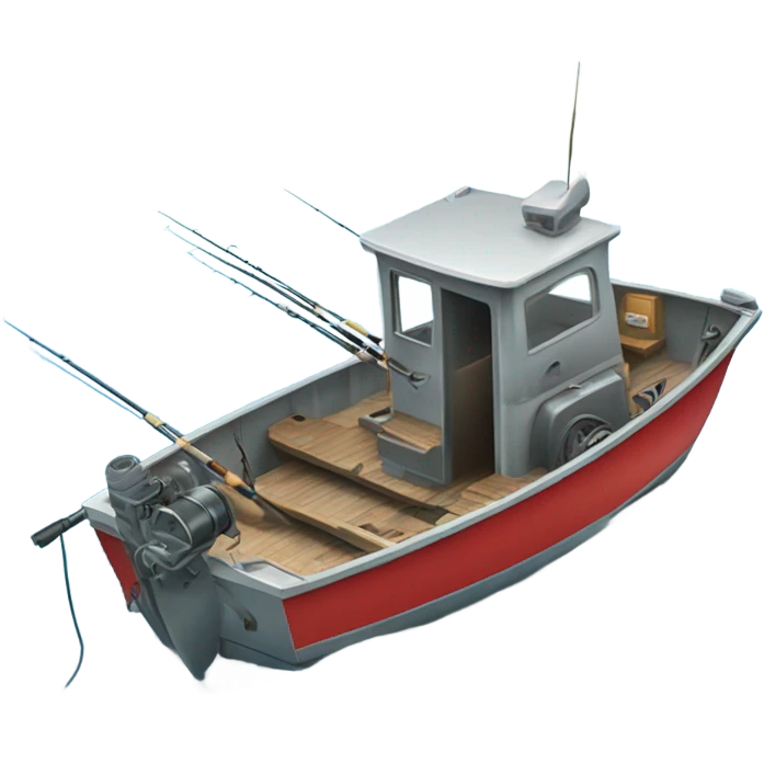 A little aluminium open fishing boat with an outboard motor and lots of fishing rods on the sea emoji