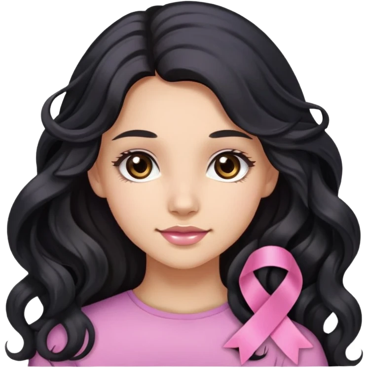 Beautiful girl with long wavy black hair, brown eyes, light skin, slight smile, and pink ribbon in hair emoji