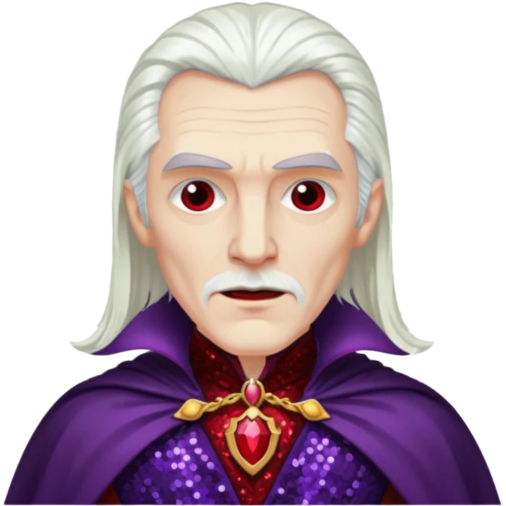 Dracula with long white hair, dark purple sequin suit, dark red sequin cape emoji
