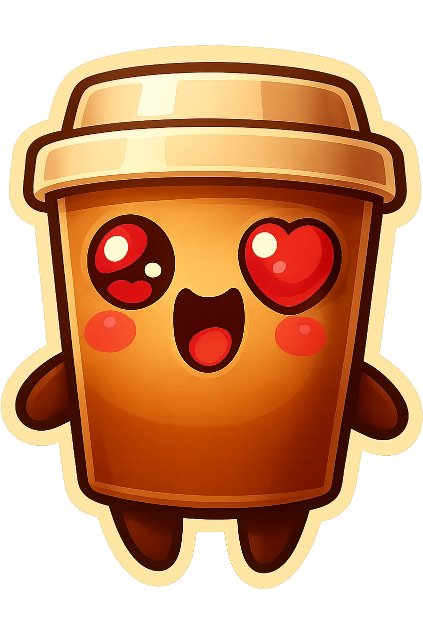 Tall coffee cup, extreme flirty, gushing with love, dramatic emoji