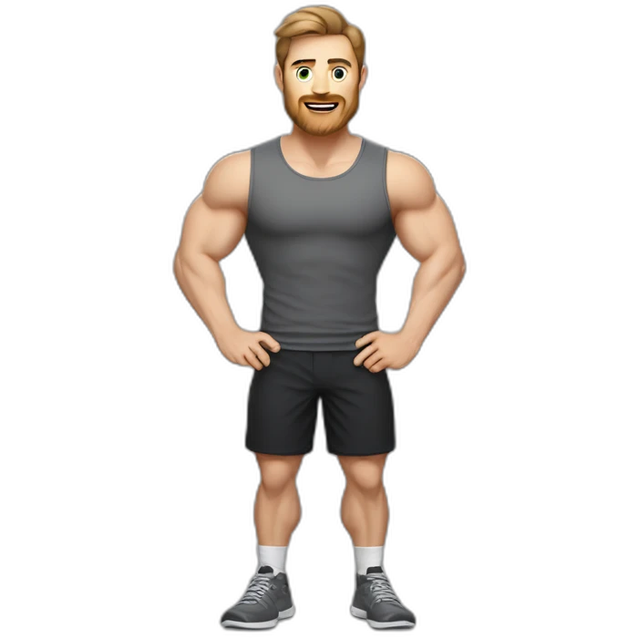 Full height realistic Actively gesturing with hands Pale skinned Fit Man With the biceps and brown hair in dark gray Sleeveless Mike, black oversize sports shorts, watch and white Sneakers emoji