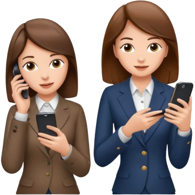 two brown haired girls, looking professional maybe leaned back on back and looking forward and using phones emoji