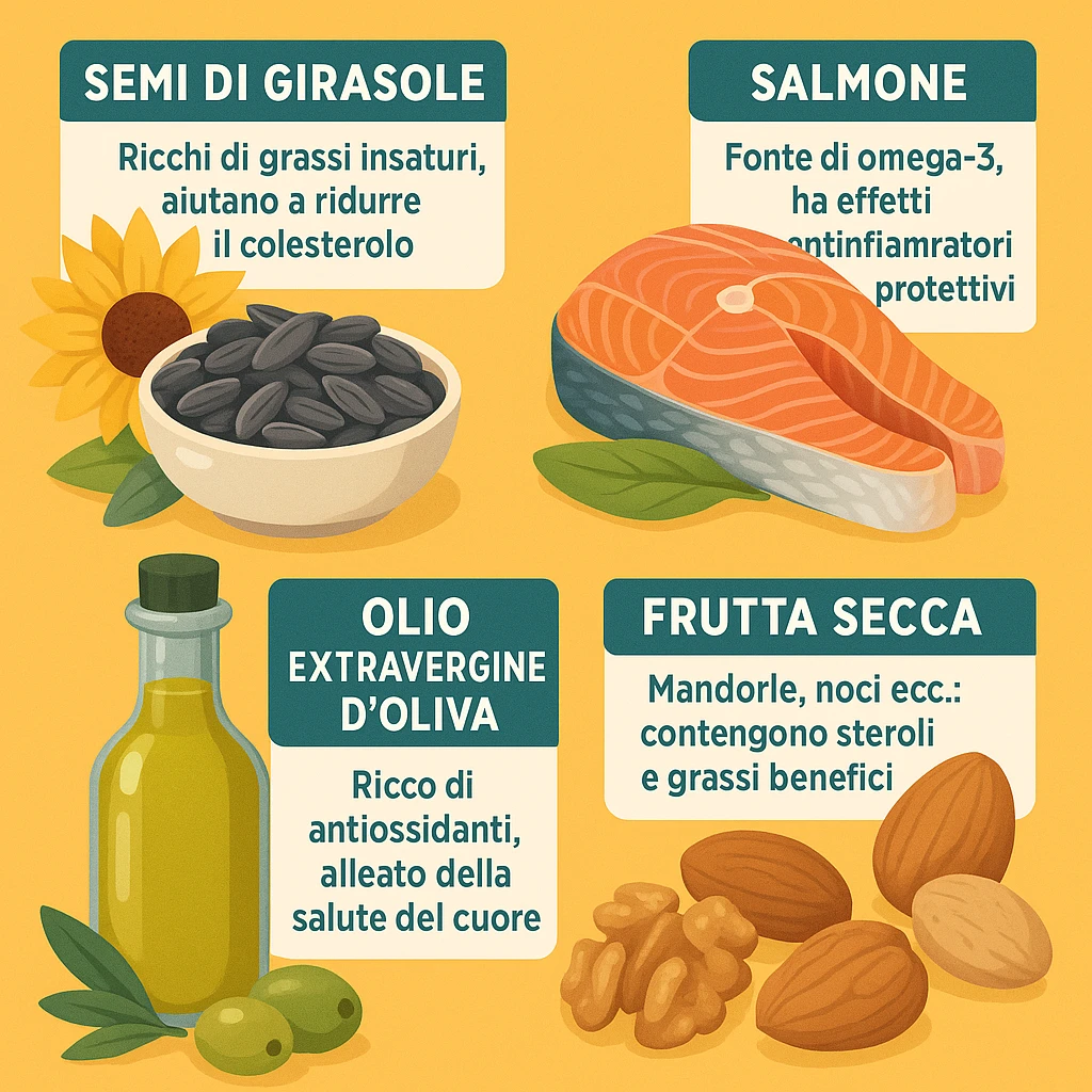 realistic infographic showing composition of various foods rich in good fats including seeds, fish, extra virgin olive oil, nuts on a bright colorful background with Italian caption 'I grassi buoni: fondamentali per il benessere', modern and attractive style emoji