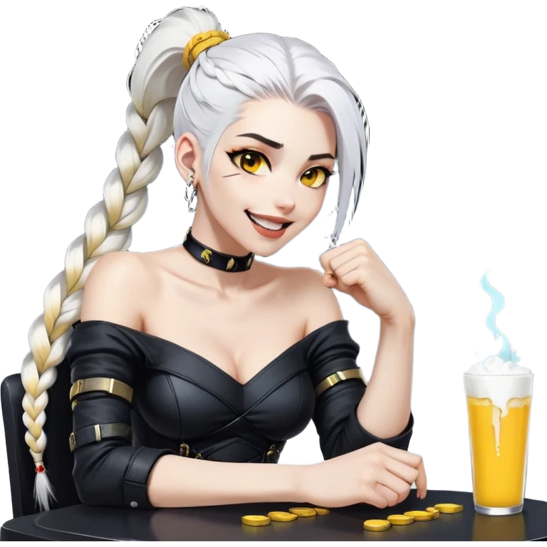 she is laughing the hardest and pounding her fist on the table, a closeup portrait of young woman with gold yellow eyes, white hair, long braid, black off-shoulder top, punk gothic style, futuristic cyberwave cyberpunk, sitting position
 emoji