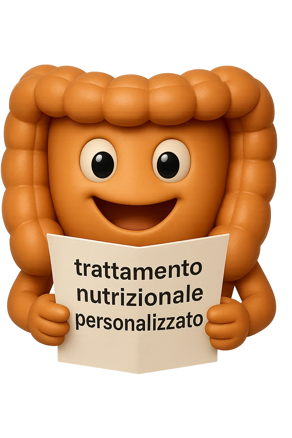 emoji stile iphone di un intestino felice che legge un foglio con la scritta "trattamento nutrizionale personalizzato", non fargli il naso, iperrealistico 4k emoji