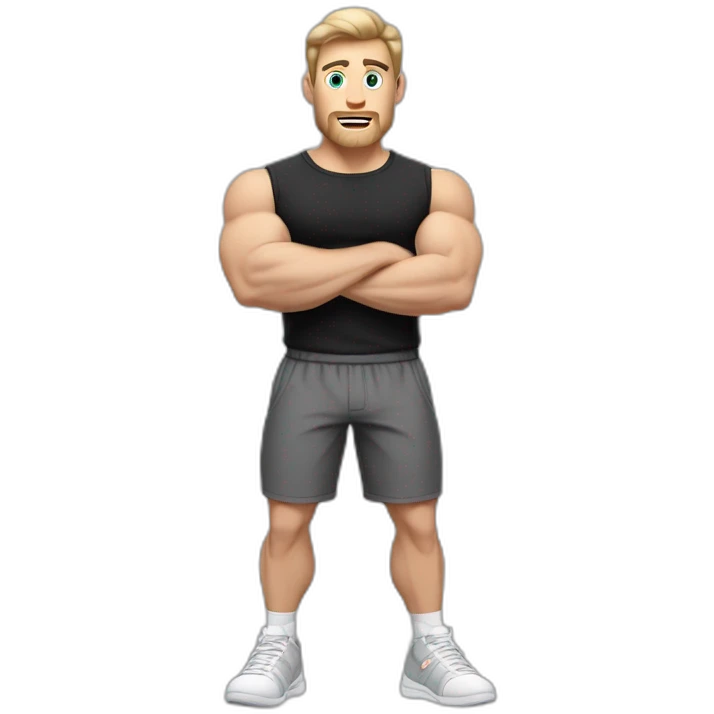 Surprised Pale skinned Fit Man With the biceps and dark brown hair in black shirt, gray sports shorts and white Sneakers emoji
