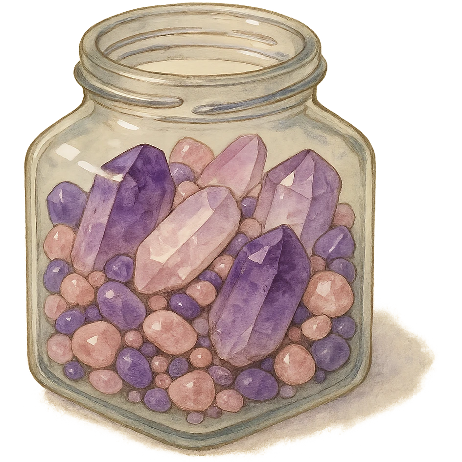 realistic amethyst and rose quartz crystal pieces in an open glass jar, different shapes and sizes, pretty small pebbles, mixed together, natural colors, soft, fairy-like atmosphere, no background, square size emoji