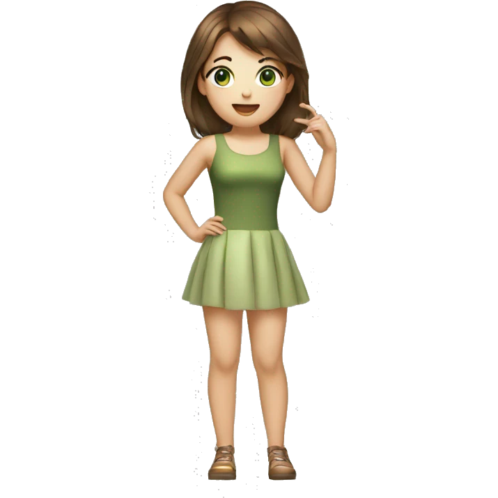 A girl who is singing, with middle short brown hair, nude lips and green eyes emoji