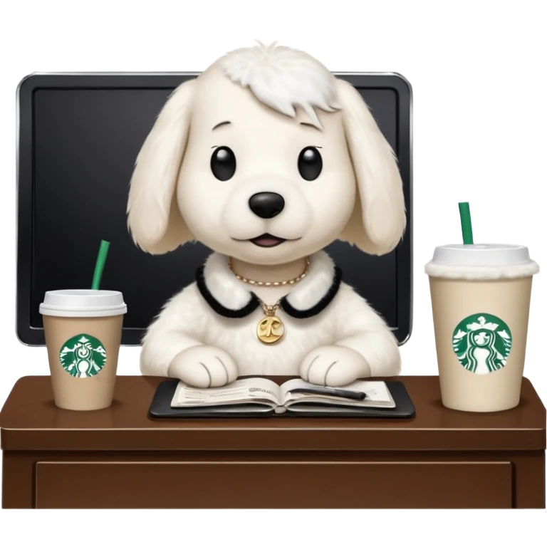 snoopy in a desk with starbucks and his chanel purse emoji