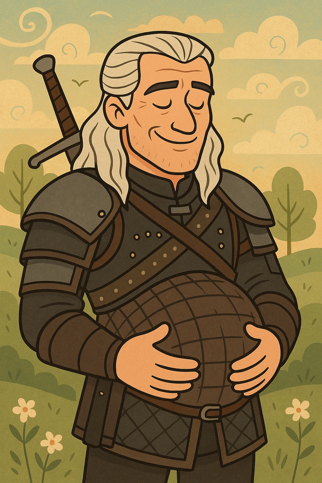 Geralt of Rivia holding his pregnant belly, stylized cartoon, silver hair, medieval armor, gentle smile, whimsical background emoji