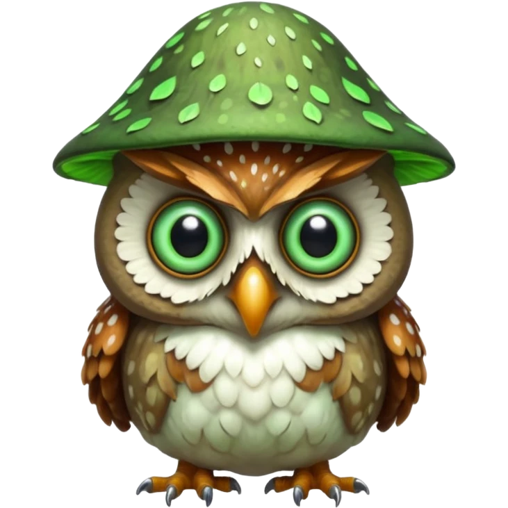 poisonous mushroom owl creature portrait, head and shoulders only, large beast-like owl eyes, mushroom cap feathers, glowing green spores, mystical forest monster, 3D cartoon, mobile game icon style, clean background, no text, no watermark

 emoji