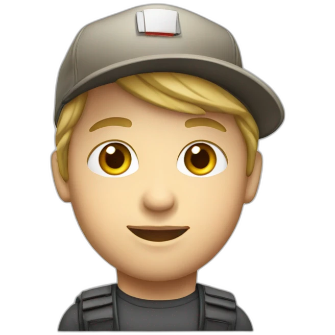 Young, white, journalist with cap that says press emoji