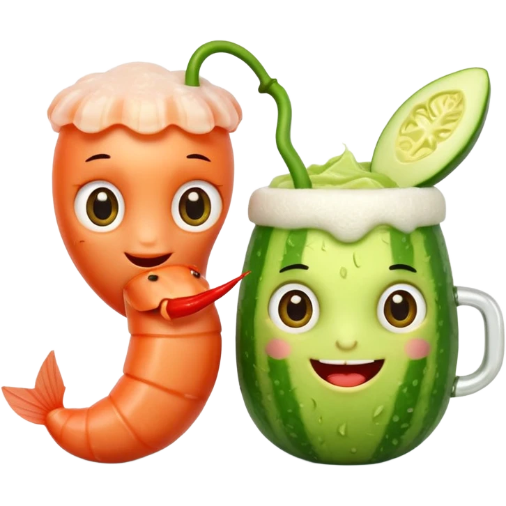 Emoji-style food mascots, NOT human.
Two cute shrimp characters, simple cartoon faces, big round eyes, small smiles.
One shrimp holding a beer mug with foam, the other holding an aguachile bowl with cucumber and chili.
Flat + soft 3D style, clean shapes, no human facial details, no realistic skin.

 emoji