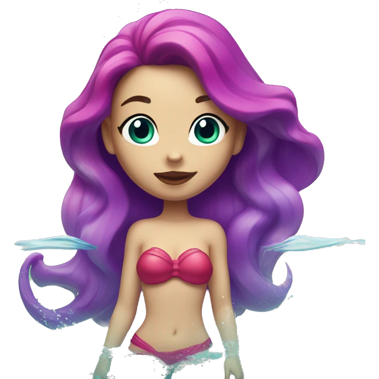 Ariel the mermaid swimming. Her tail is green, her bikini top is purple, and her hair is bright red and wavy. She has pale skin and blue eyes. Her lips are pink. She is swimming. emoji