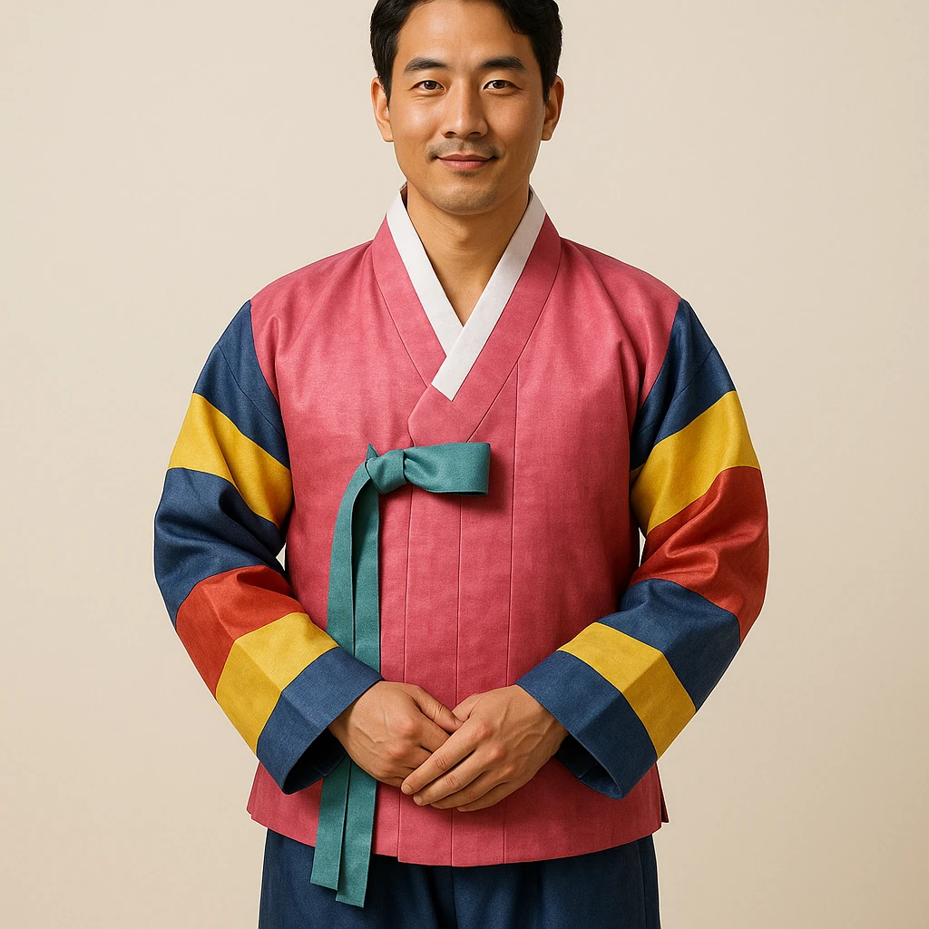 man in a colorful hanbok, standing, minimal background emoji