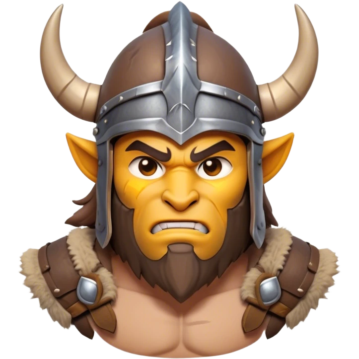 Cinematic Fierce Barbarian Portrait Emoji, Poised and bold with a rugged yet cartoonish build in tattered furs and a horned helmet, expressive bright eyes and a confident smirk, Simplified yet dynamic features, highly detailed, glowing with a vivid, adventurous aura, high shine, heroic and spirited, stylized with an air of medieval warrior charm, focused and energetic, soft glowing outline, capturing the essence of a fearless barbarian adventurer ready to lead his clan with spirited valor! emoji