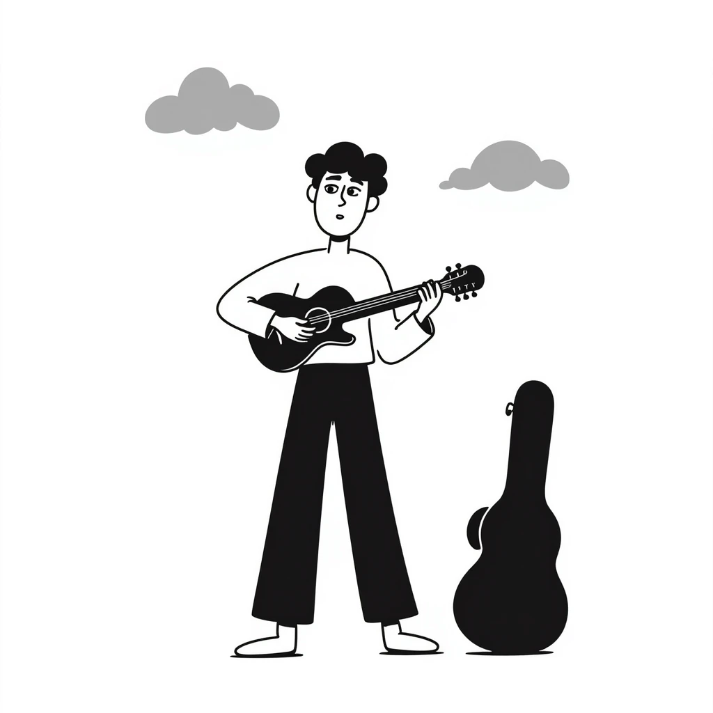 A musician playing guitar with head tilted up towards the sky, with clouds in the background, sad worried expression on face, concerned look, hoping for an opportunity emoji