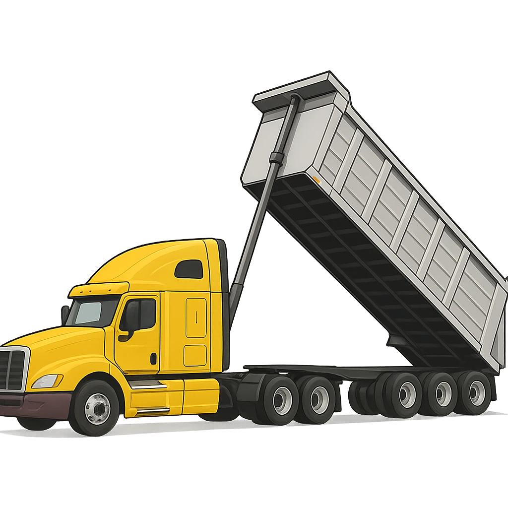 yellow semi sleeper truck and silver end dump trailer, trailer tilted up as if dumping, clean and simple, no background emoji
