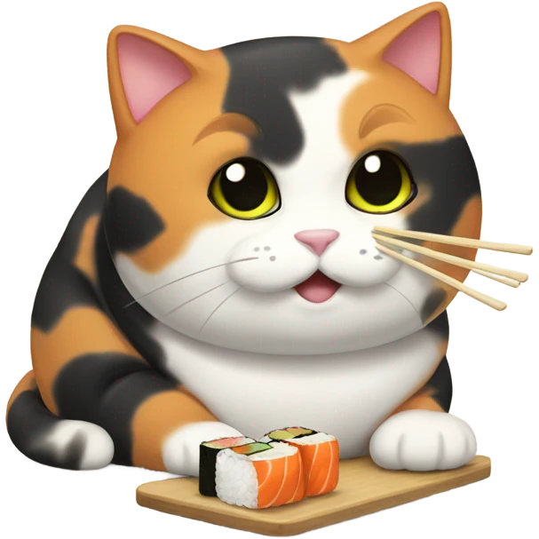 A chubby calico cat eating sushi emoji