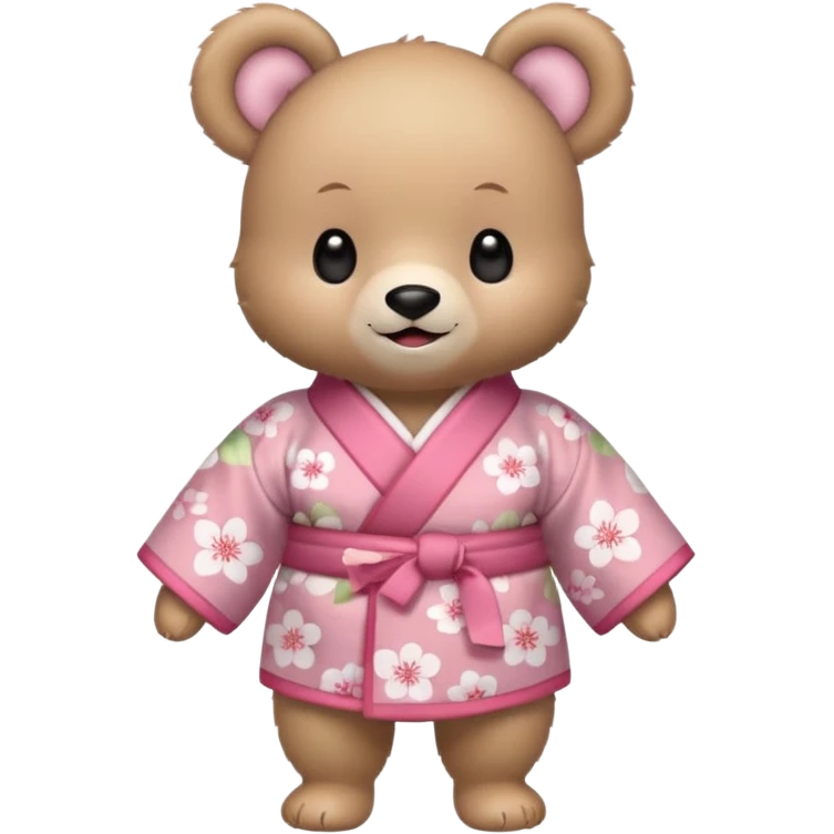 A cute baby bear character in pastel style, standing upright like a human. 
Light brown soft fur, large round ears, rounded paws and feet. 
Big cute black dot eyes, medium blush cheeks, and a tiny smiling mouth. 
Wearing a pink kimono with soft cherry blossom patterns on the sleeves and bottom,  emoji