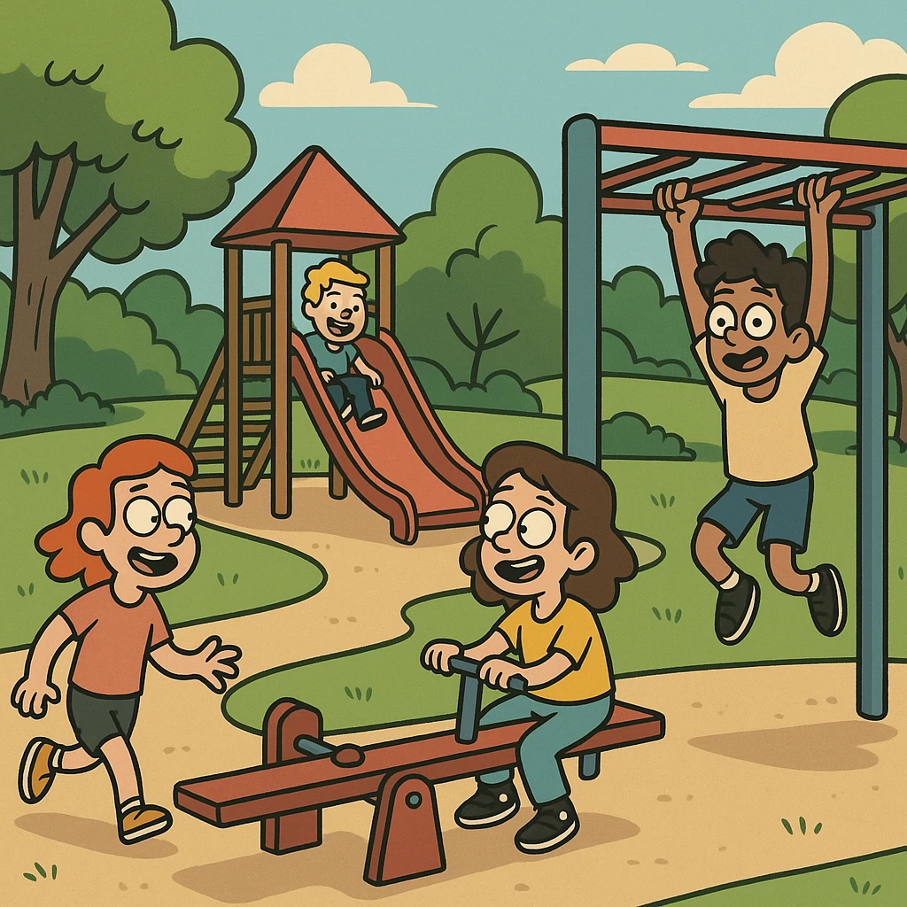 playground in park with children playing, lively atmosphere, cartoon style emoji