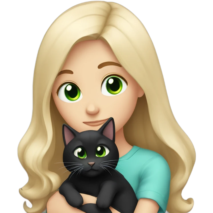 White brown-haired blue-eyed girl hugging black cat with green eyes emoji